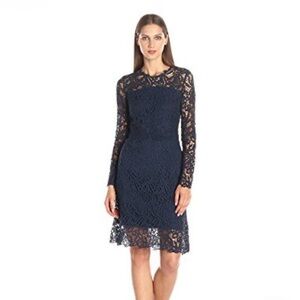 Elie Tahari Pricilla Lace Overlay Dress Dark Navy Ruffled Sheath 6 long sleeve M